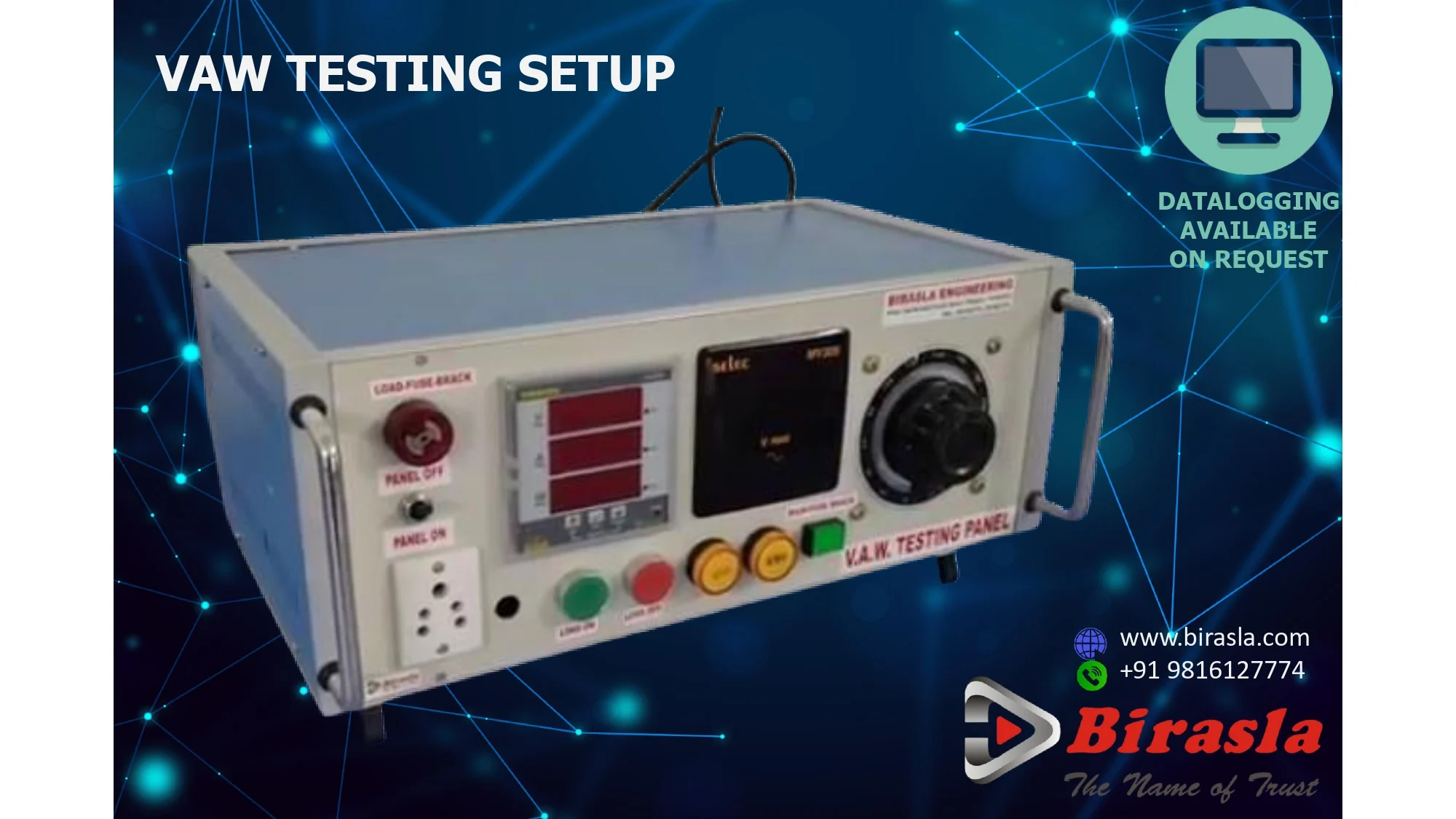 VAW Testing Setup for Voltage, Current, and Wattage (VAW) measurement setup with optional PC integration